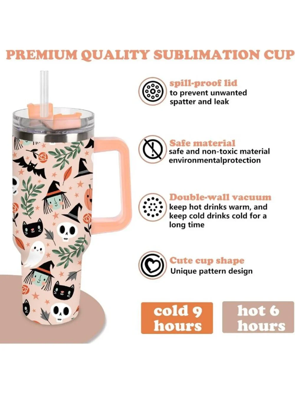 40oz Halloween Tumbler with Handle, Straw & Lid - Spooky Skull Ghost Pumpkin